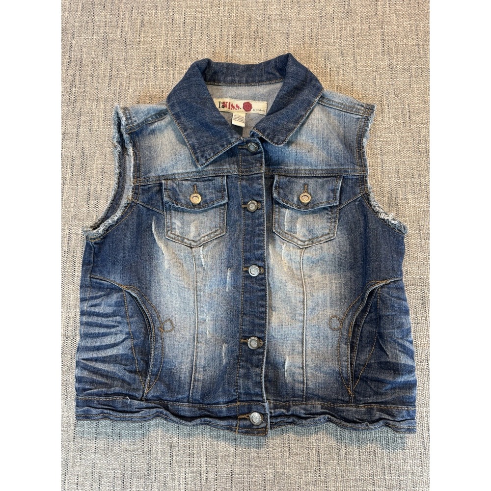 1st Kiss Vest Large‎ Distressed Shearling Collar Button Down Sleeveless Denim